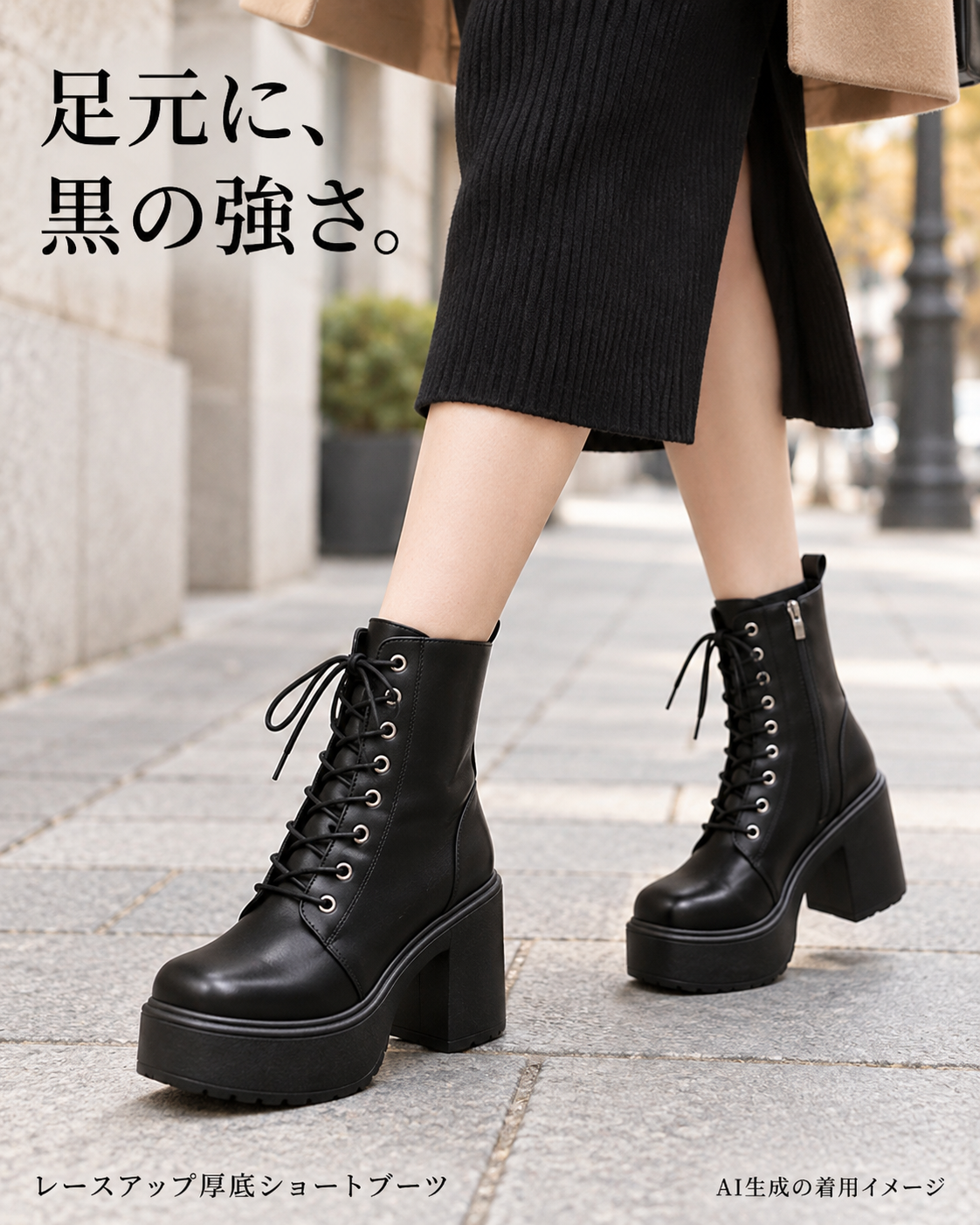 黒の編み上げショートブーツを着用したコピー入りAI生成商品イメージ