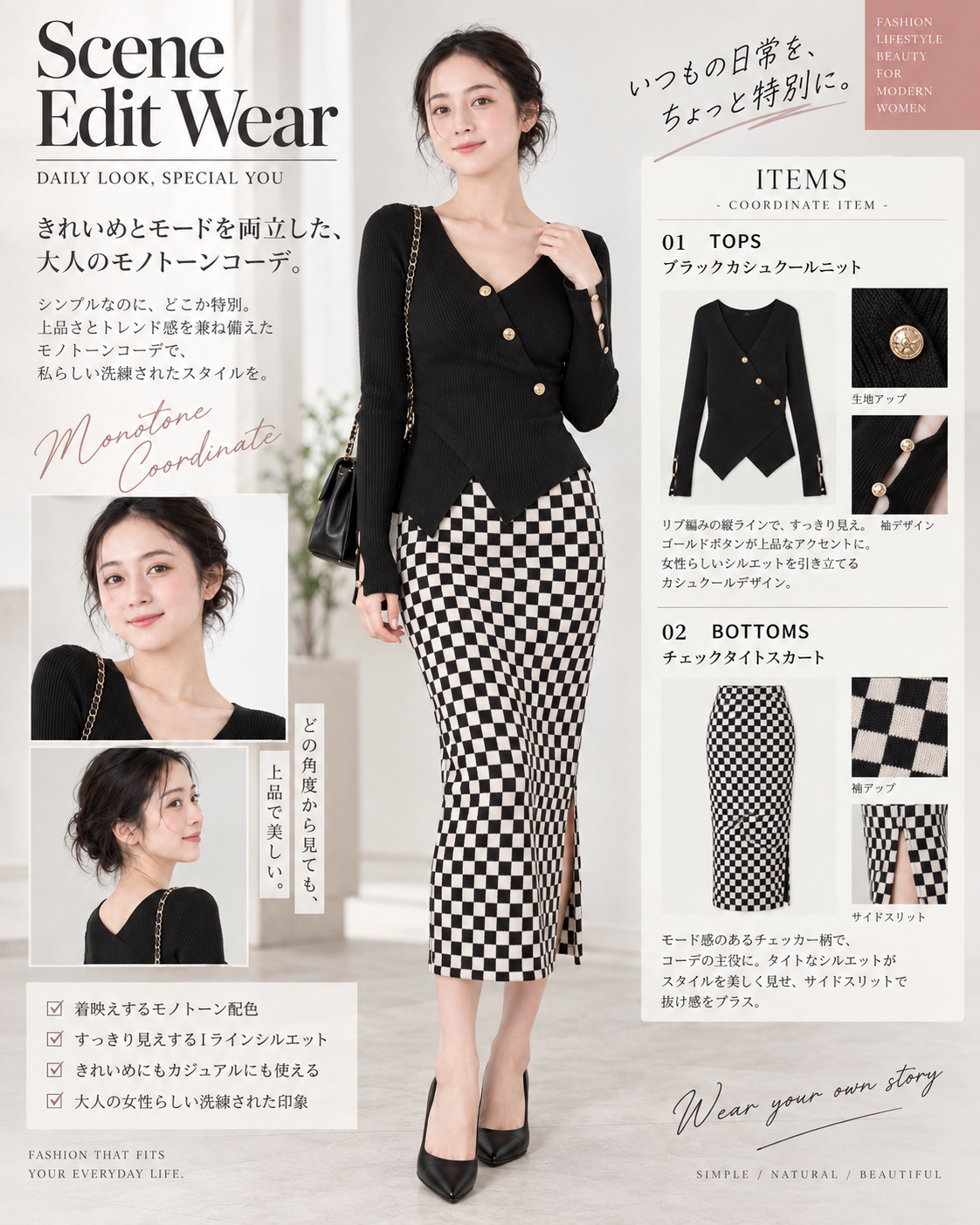 黒カシュクールニットと白黒チェックミディスカートのコーディネートとアイテム紹介