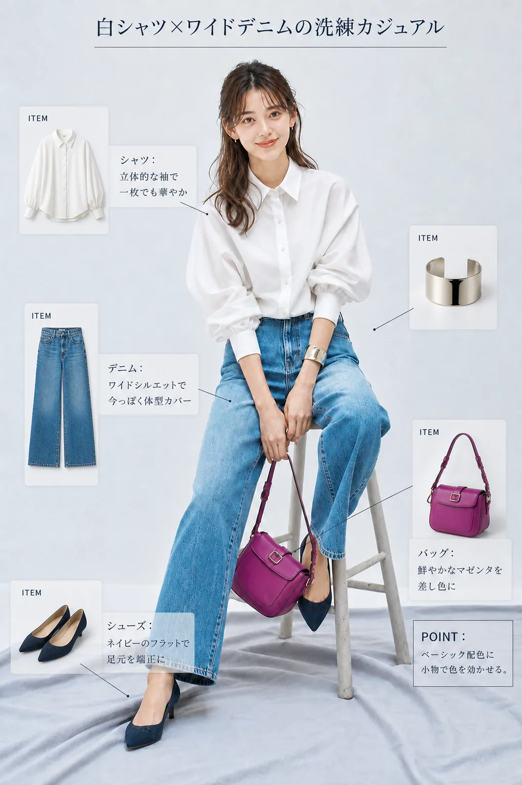 白いシャツとワイドデニムのコーディネート