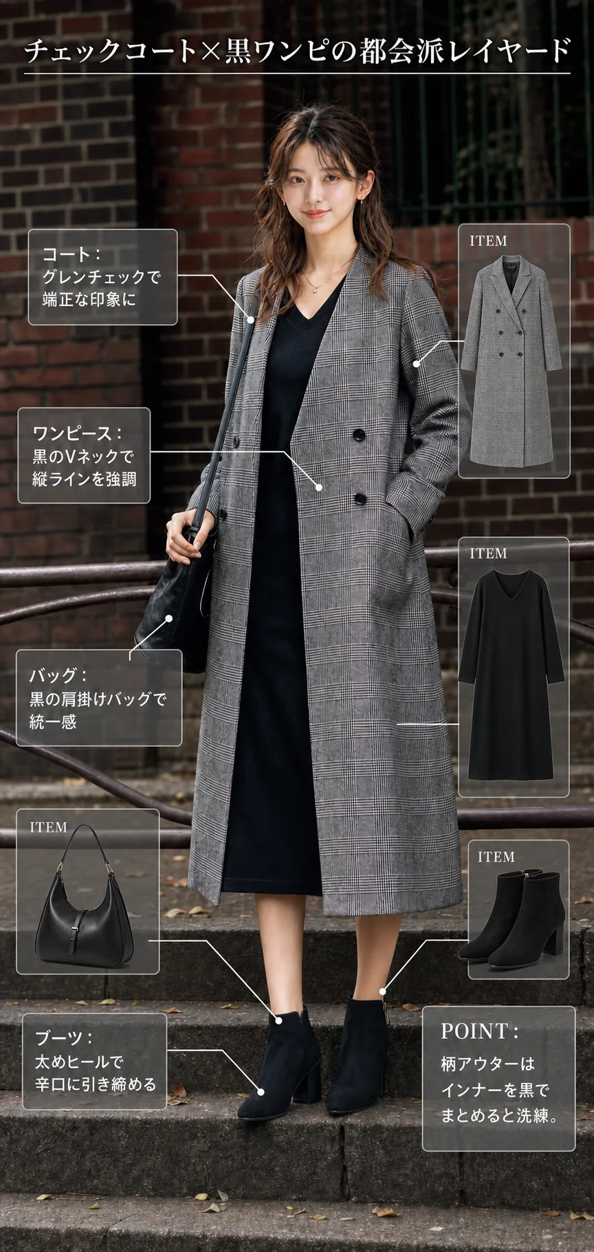チェックコートと黒いワンピースのコーディネート
