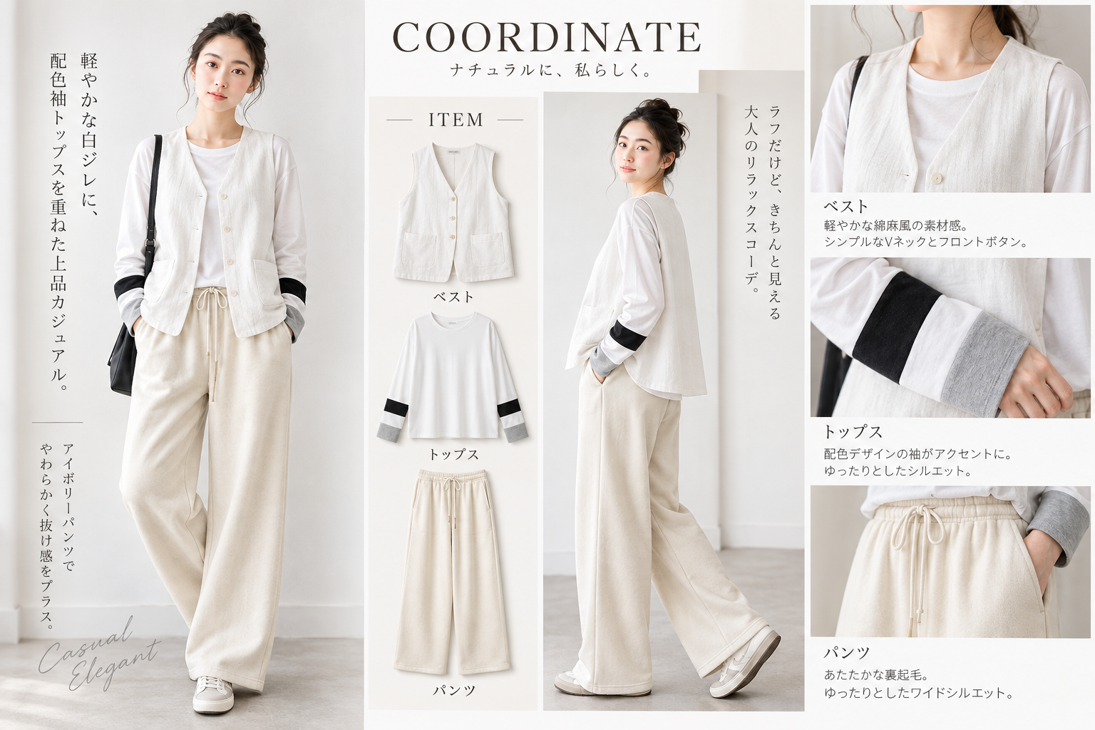 白トップス、アイボリーのベスト、ワイドパンツを合わせたScene Edit WearのAIスタイリングイメージ