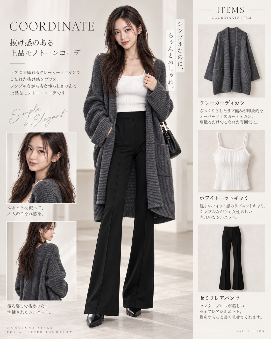 グレーカーディガン、白ニットキャミ、黒セミフレアパンツを合わせたScene Edit WearのAIスタイリングイメージ